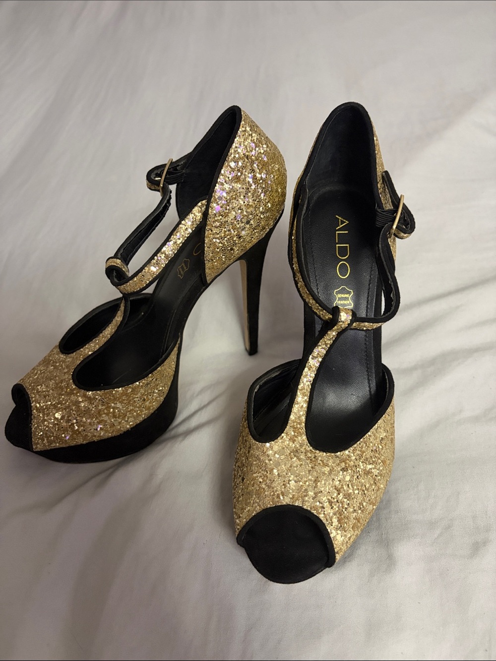 ALDO Gold Glitter T-Strap Peep-Toe Heels with Black Accents